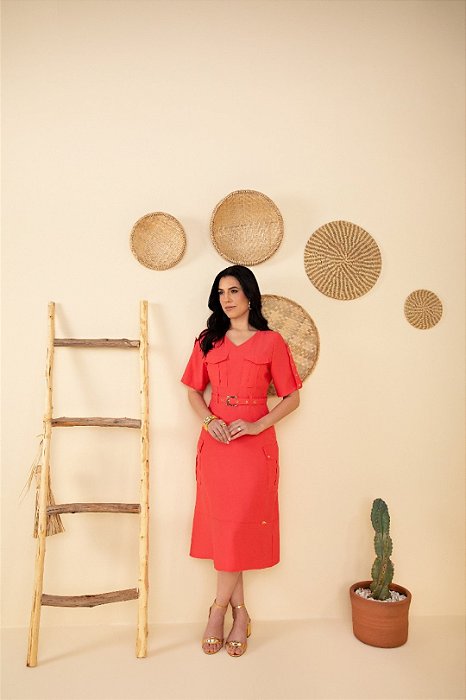 Vestido Midi Coral Com Bolso Cargo E Acompanha Cinto Hadaza - 051672