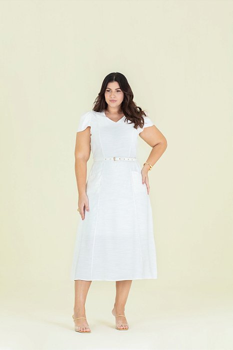 Vestido Plus Size Midi Off White Com Bolsos Frontais E Acompanha Cinto Hadaza - 51493
