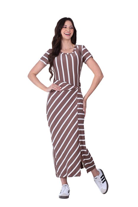 Vestido Maxi Midi Listrado De Off White E Marrom Em Malha Hapuk - 62015