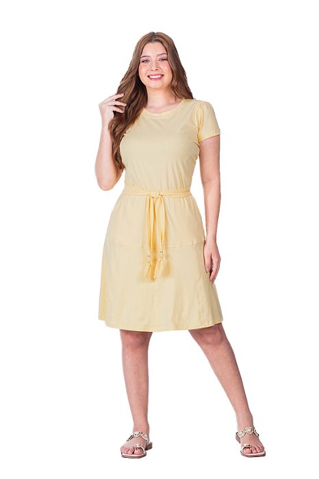 Vestido Amarelo Em Malha De Algodão Com Bolsos E Acompanha Faixa Hapuk - 62011