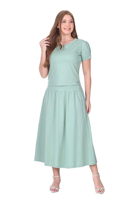 Conjunto De Saia Maxi Midi Verde Em Malha Suedine Texturizada Em Listras Hapuk - 49515