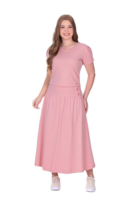 Conjunto De Saia Maxi Midi Rosa Em Malha Suedine Texturizada Em Listras Hapuk - 49515