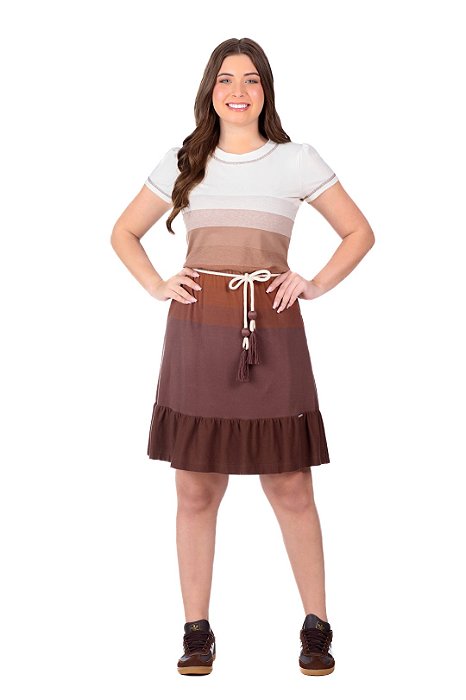 Vestido Listrado Com Tons De Off White E Marrom Acompanha Cordão Hapuk - 61935