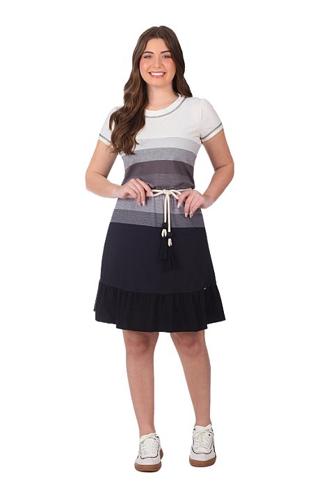 Vestido Listrado Com Tons De Off White E Cinza Acompanha Cordão Hapuk - 61935