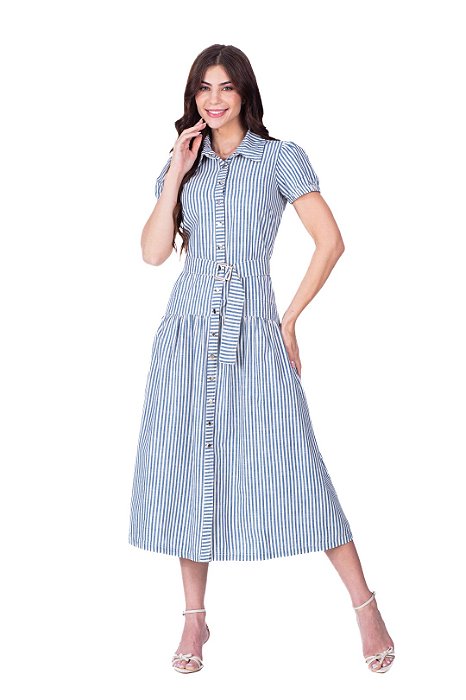 Vestido Maxi Midi Listrado De Off White E Azul Acompanha Cinto Hapuk - 62000