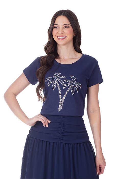 Blusa Azul Em Malha Com Estampa Frontal Em Paetê Vidrilho E Chaton Hapuk - 21803