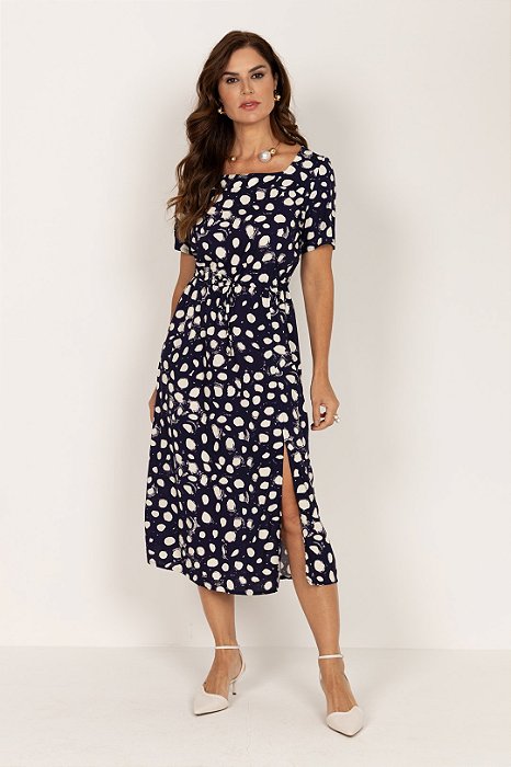 Vestido Plus Size Midi Azul Com Poá Off White Em Viscose Com Fenda Frontal - 5211519