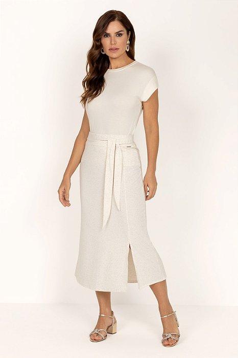 Saia Midi Cru Em Moletinho Linho Com Fenda E Amarração Frontal - 5220801