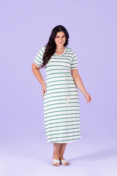 Vestido Plus Size Maxi Midi Listrado De Off White E Verde Acompanha Cordão Hadaza - 51629