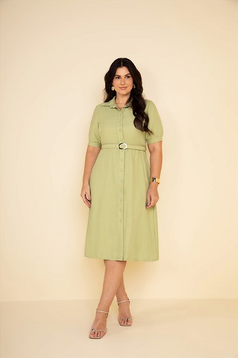 Vestido Plus Size Chemise Midi Verde Em Viscopoly Acompanha Cinto Hadaza - 51666