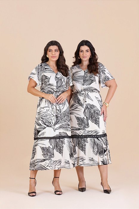 Vestido Maxi Midi Estampado Em Viscose Com Botões Frontais Hadaza - 51521