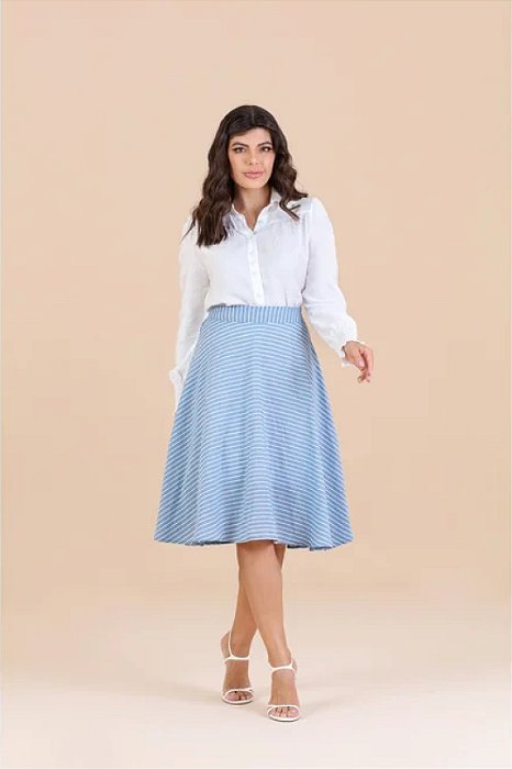 Saia Midi Godê Listrada De Azul E Off White Com Zíper Traseiro Hadaza - 36118