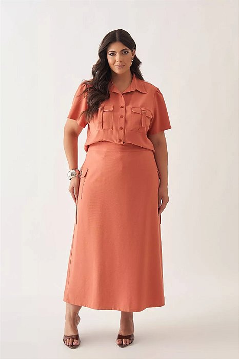 Conjunto De Saia Maxi Midi Plus Size Terracota Em Viscopoly Com Bolso Cargo - 13549