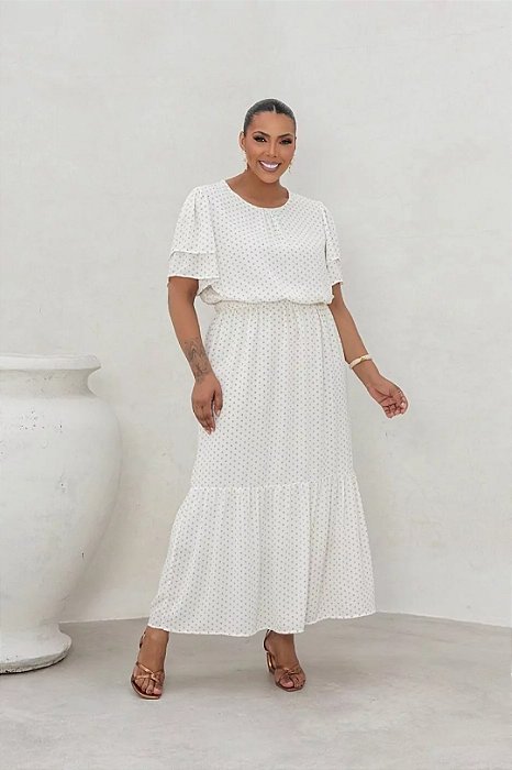 Vestido Plus Size Maxi Midi Off White Com Poá Bege Em Crepe - 42426