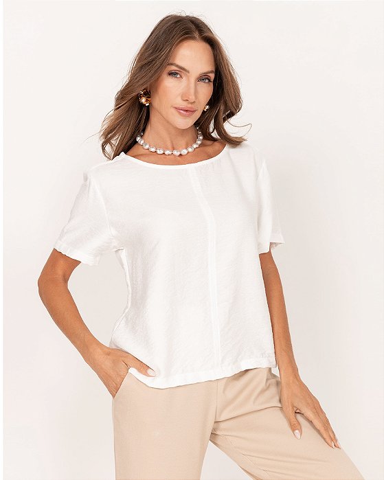 Blusa Plus Size Off White Em Viscose Com Poliamida De Manga Curta - 5210104