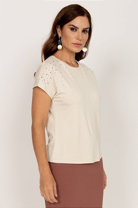 Blusa Cru Em Malha Com Termocolante Frontal De Manga Morcego Curta - 5220112