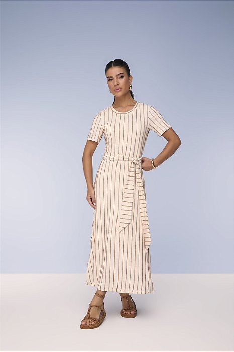 Vestido Maxi Midi Listrado De Cru E Caramelo Acompanha Faixa Titanium - 28129