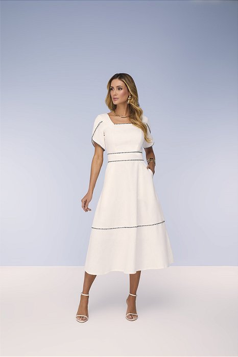 Vestido Midi Off White Em Sarja Com Detalhe Em Vivo Off White E Azul Titanium - 28141