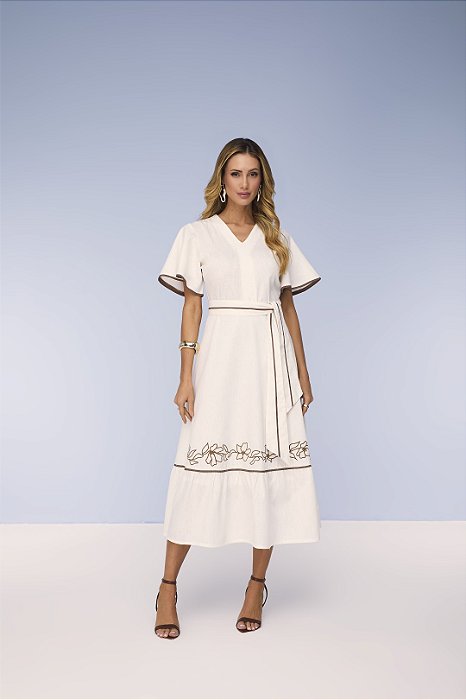 Vestido Maxi Midi Off White Com Bordado E Vivo Em Marrom Acompanha Faixa Titanium - 28092