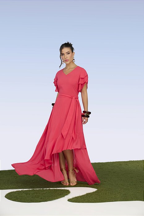 Vestido Plus Size Longo Rosa Com Barra Assimétrica Acompanha Faixa Titanium - 28159