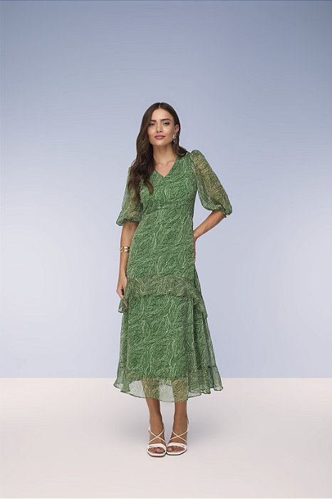 Vestido Maxi Midi Estampado Em Chiffon Recortes Com Babado Titanium - 28124