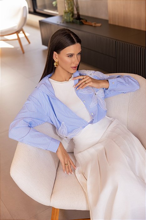 Camisa Listrada Em Tricoline Com Bordado Floral Império Jeans - 57084