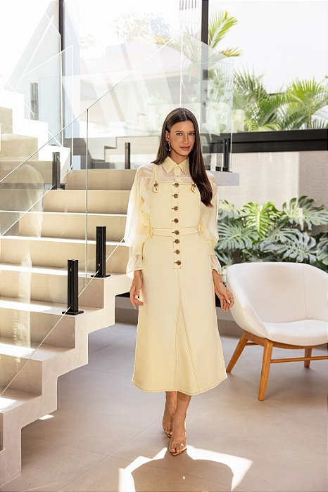 Salopete Amarela Em Sarja Com Pespontos Caqui Acompanha Faixa Império Jeans - 57000