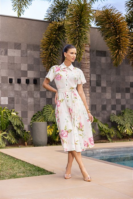 Vestido Midi Estampado Com Botões Frontais E Acompanha Faixa Império Jeans - 57047