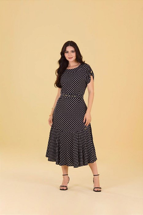 Vestido Maxi Midi Preto Com Poá Off White Acompanha Cinto Aline Cerkunvis - 04638