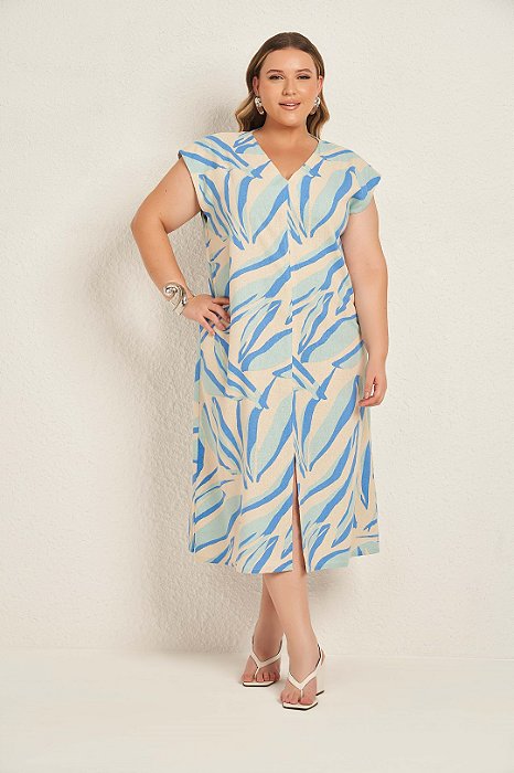Vestido Plus Size Midi Estampado Em Viscolinho Com Fenda Frontal Lisamour - 202209