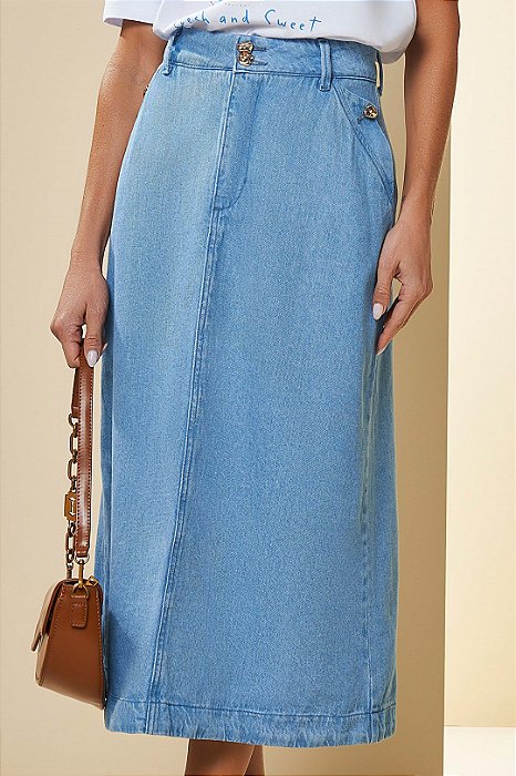Saia Maxi Midi Jeans Com Botões Orgânicos Dourados Doce Trama - 105804