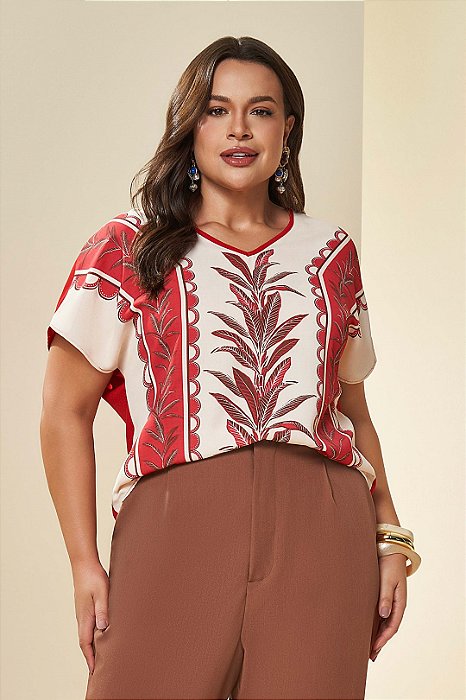 Blusa Plus Size Vermelha Com Estampa Frontal De Manga Curta Doce Trama - 105994