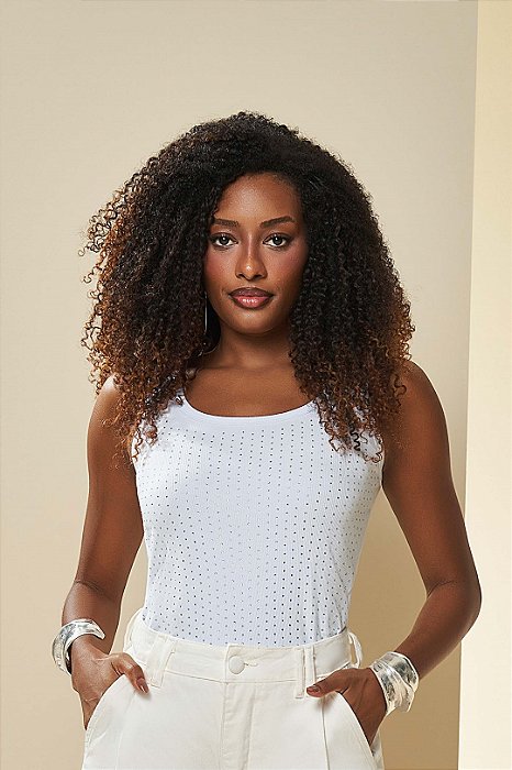 Blusa Off White Sem Manga Em Ribana Canelada Com Termocolante Doce Trama - 105908