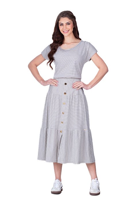Vestido Maxi Midi Listrado Em Malha Maquinetada Com Botões Frontais Hapuk - 61898