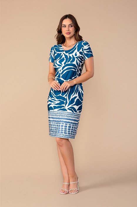 Vestido Com Estampa Azul E Off White Em Malha Stretch Clamila - 10761