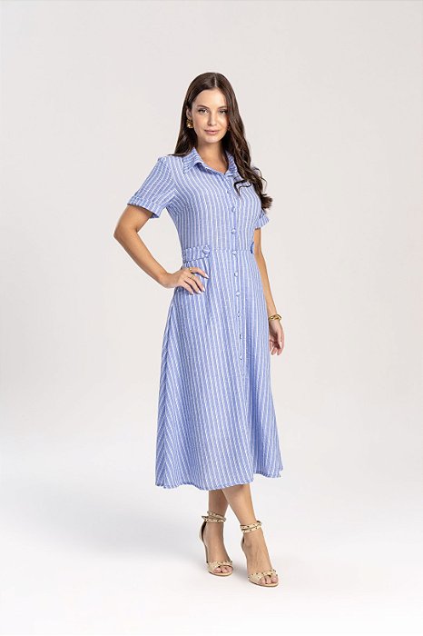 Vestido Chemise Midi 115 Cm Listrado De Azul E Off White Laura Rosa - 811130