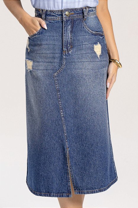 Saia Midi Jeans Evasê 75 Cm Destroyed E Fenda Frontal Laura Rosa - 811090