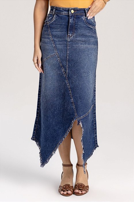 Saia Jeans Semi Evasê Com Barra Assimétrica 80 Cm Laura Rosa - 811142