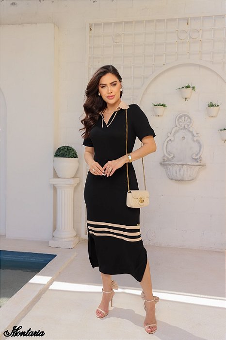 Vestido Maxi Midi Preto Com Recortes Cru Em Moletinho Montaria - 11347