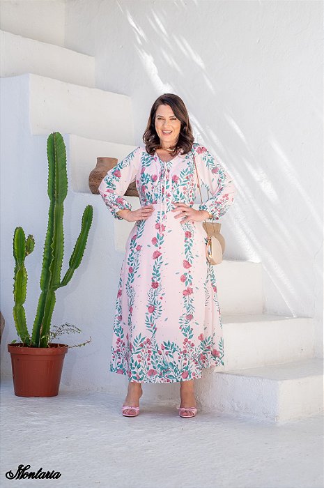 Vestido Maxi Midi Estampado Em Crepe Com Toque De Seda Montaria - 11340