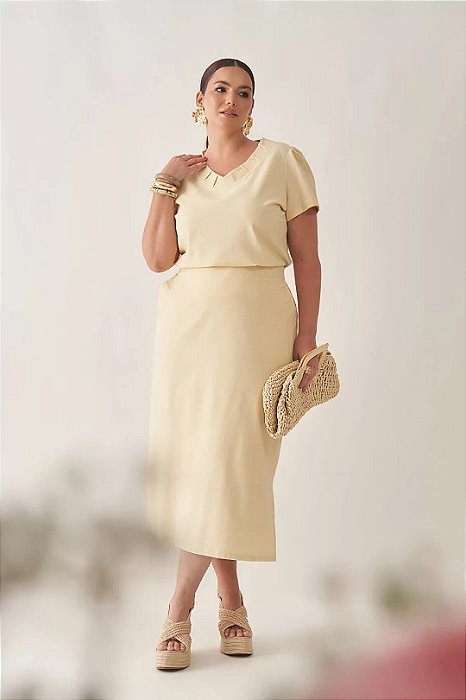 Conjunto De Saia Midi Amarelo Com Detalhe De Nervuras - 13553