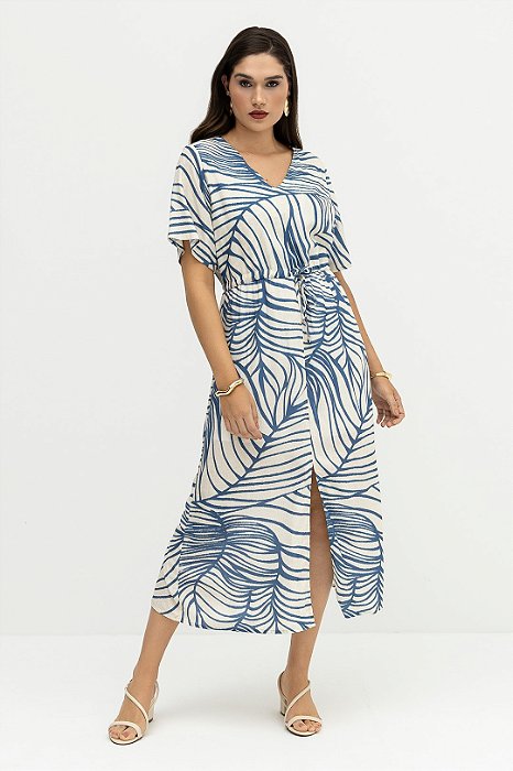 Vestido Plus Size Maxi Midi Estampado Em Viscose Com Fenda Frontal - 5311501