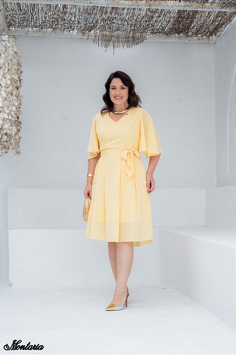 Vestido Amarelo Xadrez Em Crepe Acompanha Faixa Montaria - 11317