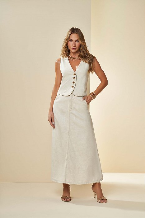 Saia Maxi Midi Cru Em Sarja Linho Com Bolsos Doce Trama - 106014