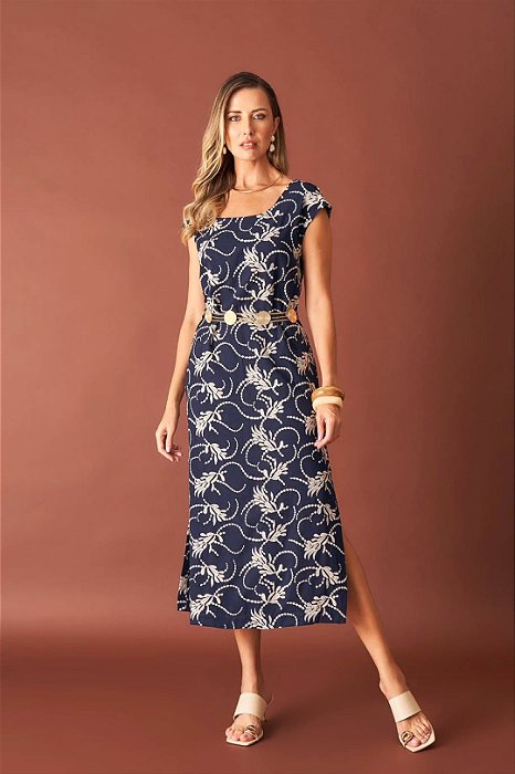 Vestido Maxi Midi Azul Com Bordado Off White E Fendas Laterais - 3301