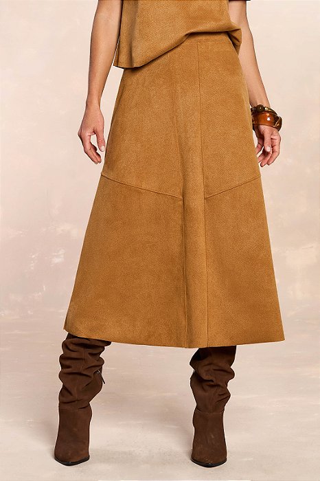 Saia Caramelo Midi Em Malha Suede Com Recortes Doce Trama - 106221