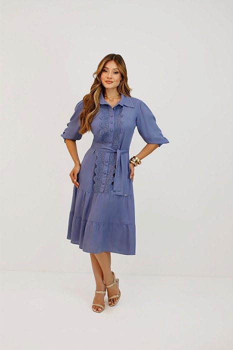 Vestido Chemise Midi Azul Em Viscose Com Detalhes De Guipir Nítido Jeans - 04261