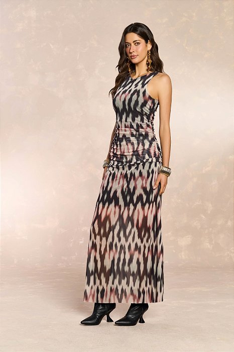 Vestido Longo Sem Manga Estampado Em Tule Doce Trama - 106303