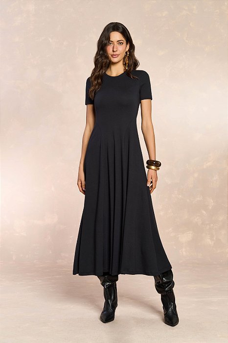 Vestido Maxi Midi Preto Curta Em Malha Suedine Doce Trama - 106197