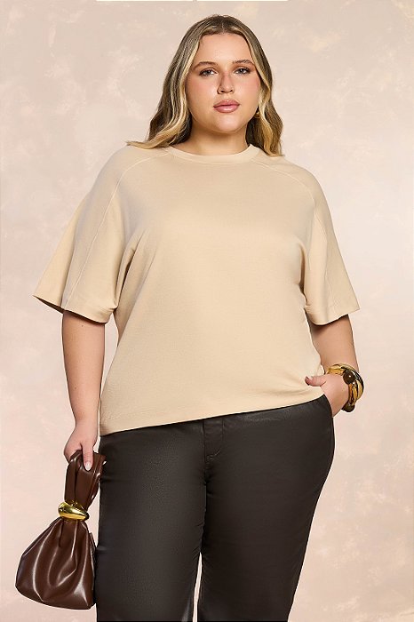 T-Shirt Caqui Em Malha Suedine De Manga Morcego Curta Doce Trama - 106233